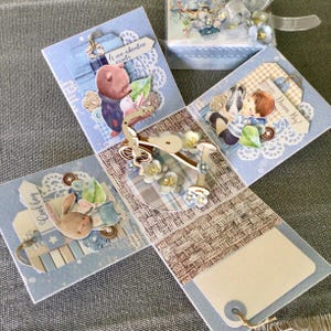 Boîte à explosions bébé garçon, soirée révélation du sexe, baby shower, bleu, garçon adorable, baptême, scrapbooking, fait main