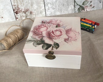 Vintage Roses Decoupage Wooden Box, Tea, Jewelry Storage
