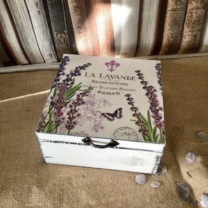 Lavender Tea Box, Jewellery Box, Storage Box, Keepsake, Shabby Chic, Paris, Wooden, Decoupage, Hand-made