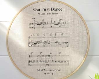4th wedding anniversary gift of Sheet music embroidery hoop printed on linen fabric