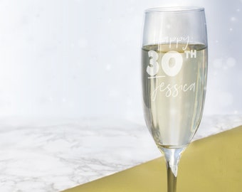 30th birthday champagne glass personalised with name, engraved flute glasses Gift for her and him, 18th, 21st prosecco gift