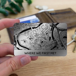 Metal wallet card with map & caption. Christmas gift for boyfriend. Personalised anniversary gifts for him Valentine's Day keepsake