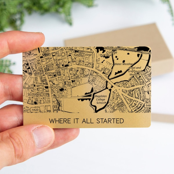 Where We Met wallet card, Personalised map valentine's gift, Custom anniversary gift, Keepsake for him her, Gold metal map wallet Insert