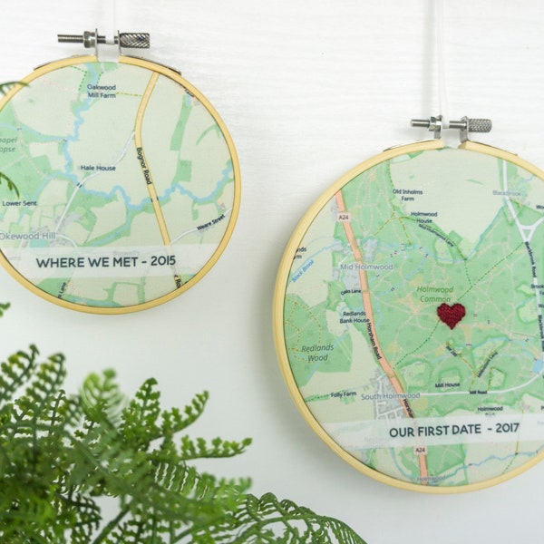 Personalised map embroidery hoop Cotton 2nd anniversary gift for husband wife him her Valentines gift for boyfriend girlfriend engagement