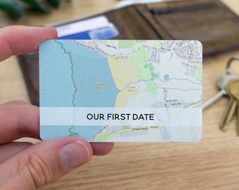 Anniversary gift for him, Our first date map metal wallet card keepsake Boyfriend gift Valentines gift for him or her personalised location