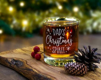 Christmas spirit whiskey glass personalised with name. Xmas whisky tumbler drinking glasses. Christmas gifts for dad, him