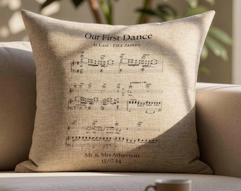 First dance song sheet music on linen cushion for 4th or 12th Anniversary Gift, Personalised lyrics printed