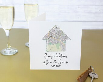 New Home Card personalised with map area location. Congratulations for son or daughter moving house