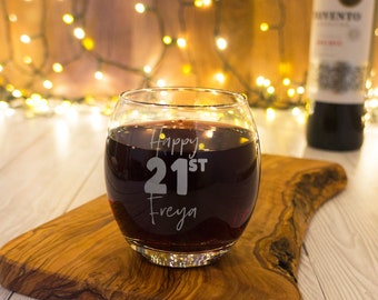 Stemless 21st birthday wine glass personalised with name, 18th celebration gift. Engraved red or white wine glasses for her birthday present
