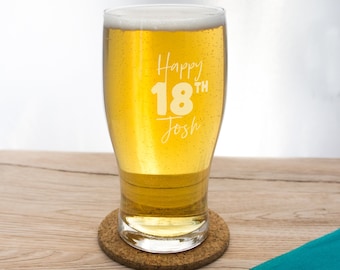 18th Birthday gifts for him. Beer glass personalised with name. 18th Pint glasses for 21st, 30th celebration engraved for boy her girl