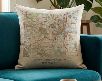 OS Map linen cushion for 4th or 12th wedding anniversary gift. Special location