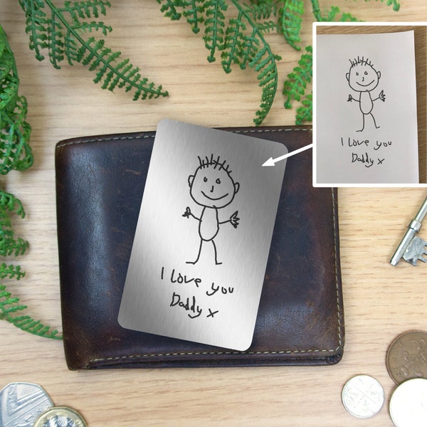 Personalised Metal Wallet Card with child's drawing for Dad on Father's Day. Kids picture artwork keepsake present for him