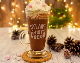 Hot cocoa glass personalised with engraved name. Tall hot chocolate glasses