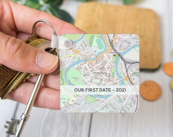 Anniversary gift with personalised Map on a square keyring. First date key fob gift for him or her. Boyfriend gift Valentines girlfriend