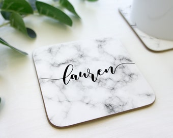 Personalised marble coaster with name in script text. Square drinks mat with marble effect printed. valentines day gift for her wedding