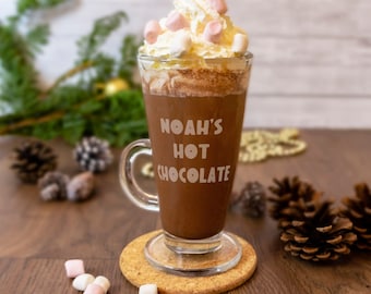 Kids hot chocolate glass personalised with name. Tall hot cocoa glasses Christmas gift for kids stocking filler, girls & boys