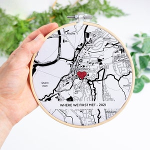 Cotton anniversary gift for him or her, husband wife. Personalised hanging map embroidery hoop. 2nd anniversary gifts for boyfriend location