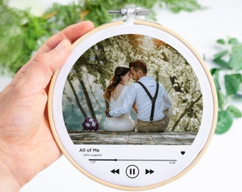 2nd wedding anniversary gift for husband wife him her. First dance song and couples photo on a Cotton embroidery hoop keepsake Christmas