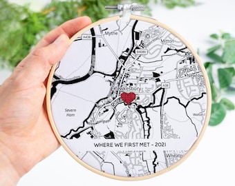 Cotton anniversary gift for him or her, husband wife. Personalised hanging map embroidery hoop. 2nd anniversary gifts for boyfriend location