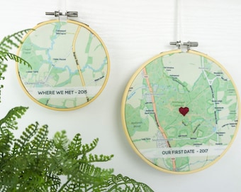 Personalised map embroidery hoop Cotton 2nd anniversary gift for husband wife him her Valentines gift for boyfriend girlfriend engagement