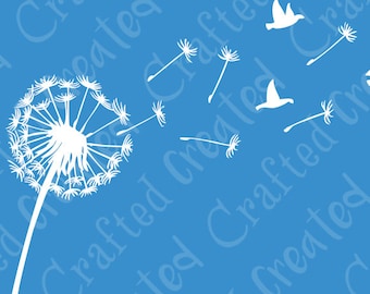 Dandelion Vector Art: Floral Silhouette with Seeds, Birds - Digital Download