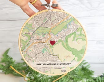 Linen map embroidery hoop for 4th wedding anniversary gift for husband wife.