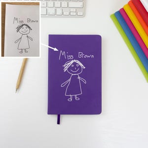Op de afbeelding: Een paars notitieboek met een kindertekening van een persoon en de woorden "Miss Brown" in het wit. De tekening is een eenvoudige schets van een persoon met een lachend gezicht, armen en benen. Een potlood en een toetsenbord staan op de achtergrond.