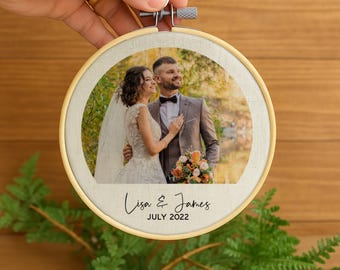 Couples photo on linen fabric hoop for 4th wedding anniversary gift