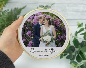 2nd wedding anniversary gift for him her husband wife. Cotton embroidery hoop frame with couples photo photography names and date print