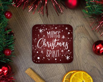 Christmas spirit coaster personalised with any name. Christmas gifts for best friend, custom xmas drinks mat coasters set for her