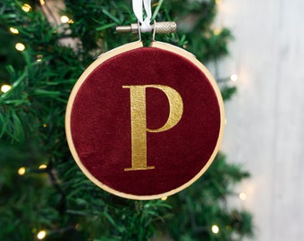 Christmas bauble tree decoration. Hanging velvet embroidery hoop ornament & shiny initial letter. New baby's first xmas gift for 1st parent