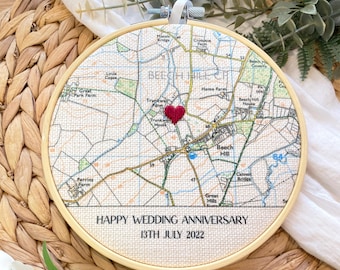 Bastidor de bordado con mapa del sistema operativo para el 4.º aniversario de bodas de lino, regalo para esposo, esposa, él o ella, regalo de San Valentín para novio y novia.