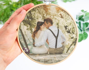 Custom photo printed on Linen embroidery hoop for 4th wedding anniversary gift