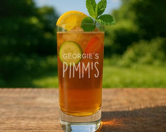 Pimm's glass personalised with name. Hiball summer cocktail glasses for Pimms. Half pint hi ball spirit glass for her mum gift