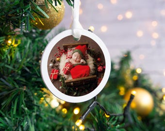 Baby's 1st Christmas bauble hanging tree decoration. Child's first xmas photo printed with a custom photograph for grandparent gift