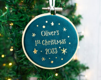 Baby's first Christmas ornament. Xmas tree bauble decoration for New child's 1st xmas velvet hanging embroidery hoop for parent gift in gold