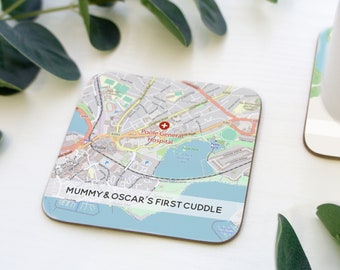 Mothers Day Map coasters with caption. Mummy's first cuddle gift for mum from newborn. personalised drinks mat with custom destination