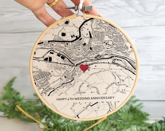 linen fabric embroidery hoop for 4th wedding anniversary gift with black & white map
