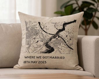 Personalised Map linen cushion for 4th or 12th wedding anniversary gift, black & white