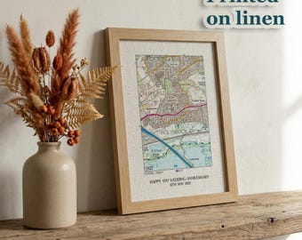 OS Map Print on linen fabric framed for 4th or 12th wedding anniversary gift. Custom location