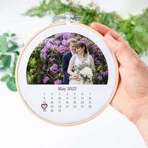 2nd anniversary gift for husband wife, him her. Cotton, linen wedding embroidery hoop frame with couples photo and special date calendar