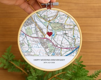 Custom OS map embroidery hoop for Cotton 2nd anniversary gift for husband wife him her Valentines gift for boyfriend girlfriend engagement