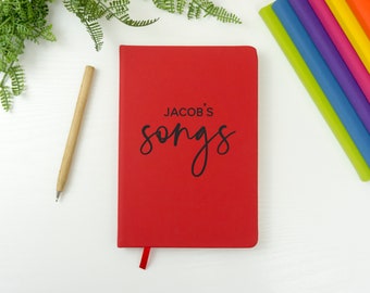 Personalised song lyrics notebook for songwriter with name on soft coloured cover, lined pages. pocket gift for song writer, musicians gifts