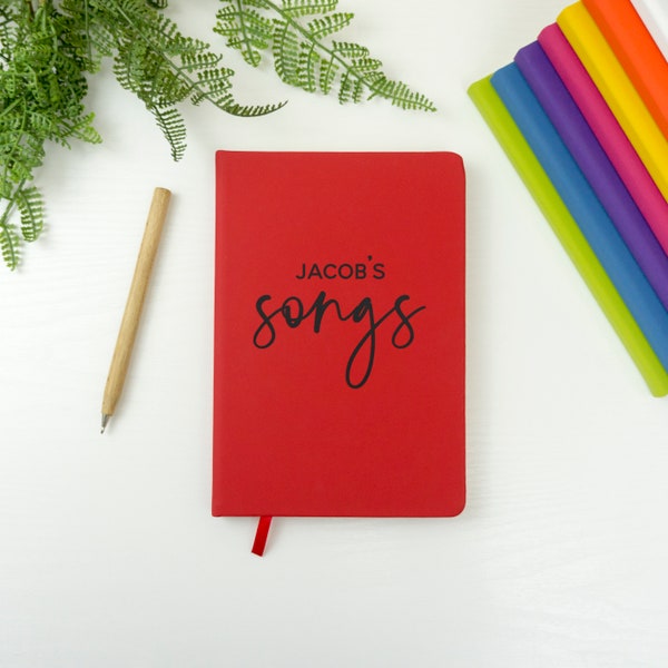 Personalised song lyrics notebook for songwriter with name on soft coloured cover, lined pages. pocket gift for song writer, musicians gifts