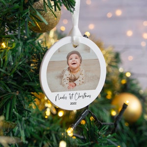 Baby's first Christmas bauble hanging decoration. Child's 1st xmas photo dec printed with custom photograph printed grandparent babys gift