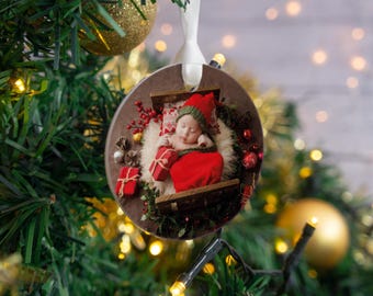 Photo Bauble tree ornament. Hanging Christmas decoration with photo printed with a custom photograph of Baby's 1st Christmas, pet, parent