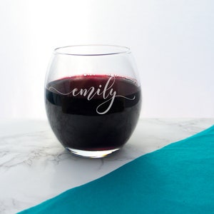 Custom Wine Glass engraved with name in script text. Personalised stemless wine glasses. Birthday day gift for her. unique gifts for women