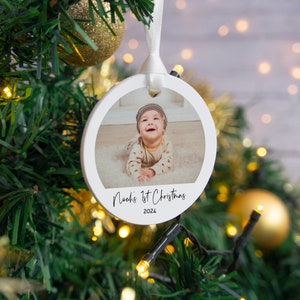 Baby&#39;s first Christmas bauble hanging decoration. Child&#39;s 1st xmas photo dec printed with custom photograph printed grandparent babys gift