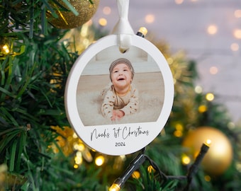 Baby's first Christmas bauble hanging decoration. Child's 1st xmas photo dec printed with custom photograph printed grandparent babys gift