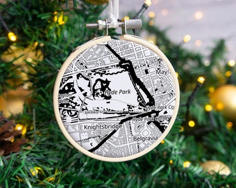 Map Christmas tree bauble decoration with special location in black and white. Hanging Xmas ornament dec embroidery hoop